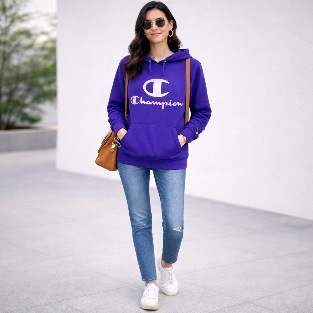 Champion Vibrant Purple Pink Logo Kangaroo Pocket Hoodie Sweatshirt Size Large